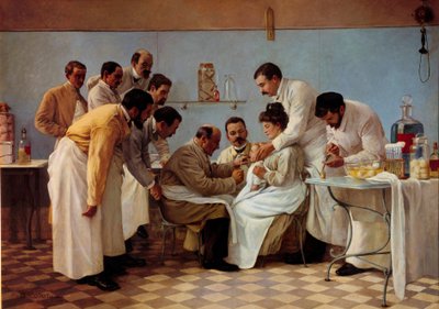 Lääketiede: "" Kotelo""" Putken työntäminen on kurkkumätä lapsi. Georges Chicototin maalaus (toimii vuosina 1899-1907). 1900-luvun aurinko. 1,3x1,8 m Musee de l