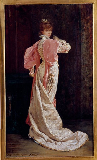 Täyspitkä muotokuva ranskalaisesta näyttelijästä Henriette Rosine Bernardista, joka tunnetaan nimellä Sarah Bernhardt (1844-1923) Georges Jules Victor Clairinin (1843 - 1919) maalaus. 1800-luvulla. Pariisi, ranskalainen komedia tekijältä Georges Clairin