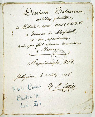 Diarium Botanicumin kansilehdellä Cuvierin allekirjoitus tekijältä Georges Cuvier