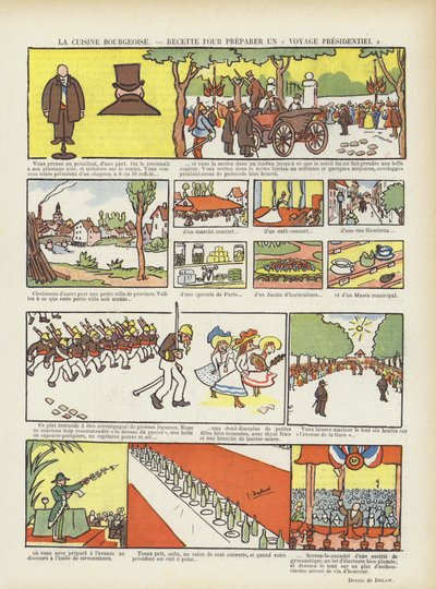 Porvarillinen keittiö. Resepti presidentin matkalle. Kuvitus Le Rirelle tekijältä Georges Delaw