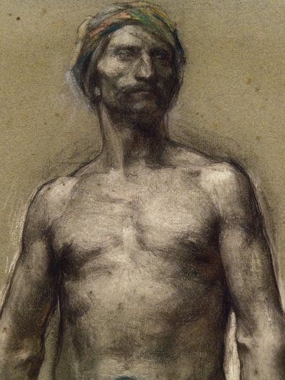 Tutkimus alastomasta miehestä turbaanissa (yksityiskohta) (noin 1888). George Desvallieres (1861-1950). Pastelli paperisauvalla laminaatit pahvipaperille. Musee des Beaux-Arts de la Ville de Paris, PeuPalais. tekijältä Georges Desvallieres