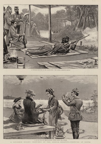 Japanilainen Bisley, luonnoksia vuosittaisessa ammuntafestivaalissa Kiotossa tekijältä Georges Ferdinand Bigot