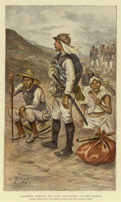 Japanilaiset Coolies tai Camp Followers maaliskuussa tekijältä Georges Ferdinand Bigot