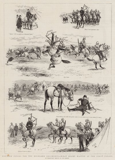 Mounted Pipers for Highland rykmentit, mitä voi tapahtua ensimmäisessä paraatissa tekijältä Georges Ferdinand Bigot