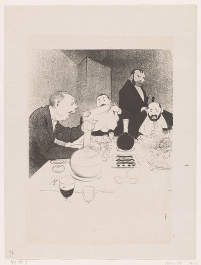 Mannen aan tafel tijdens een diner Hän on koristeltu ja hänen ystävänsä tarjoavat hänelle juhlat (alkuperäinen nimi) Luonnon suuret spektaakkelit; Mr. Anyin elämä (alkuperäinen sarjan nimi) tekijältä Georges Hermann Rene Paul