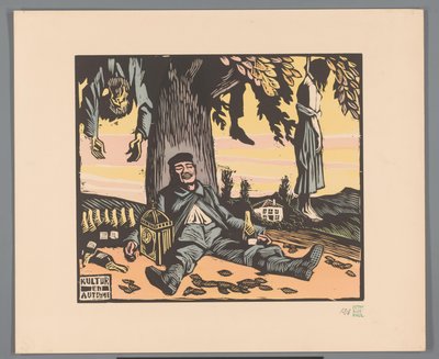 Sotilas makaa puuta vasten hirtettyjen ihmisten kanssa Kultur en automne (otsikko esineessä) tekijältä Georges Hermann Rene Paul