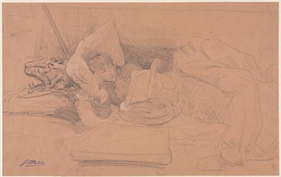 Sarah Bernhardt makaamassa sohvalla, lukemassa tekijältä Georges Jules Victor Clairin