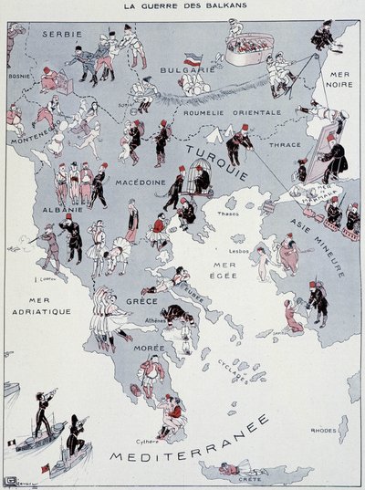 Balkanin sota: sotateatterin kartta - "La Vie Parisienne" -lehdessä 26.10.1912 (painettu). tekijältä Georges Leonnec