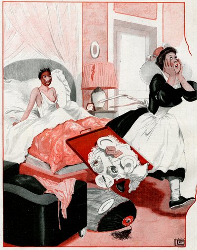 Niin sanottu Kauneusnaamio ja uusi sisäkkö - Voi luoja ! - kuvitus la Vie Parisienne -lehdestä tekijältä Georges Leonnec