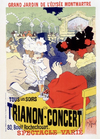 Trianon-konsertti, päivittäinen show Elysee Montmartren (Elysee-Montmartre) suuressa puutarhassa Pariisissa. Georges Meunierin juliste tekijältä Georges Meunier