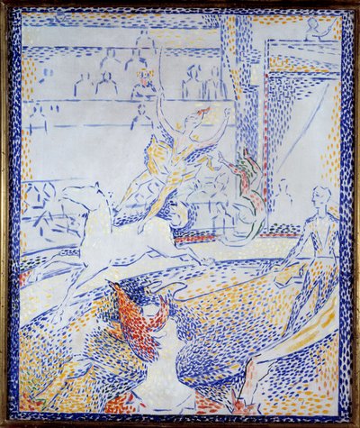 Sirkus Tanssija, joka tekee taitolentonumeroa hevosen selässä ja klovni. Luonnos Georges Seurat (1859-1891) 1891 Su. 0,55x0,46 m Pariisi, musee d