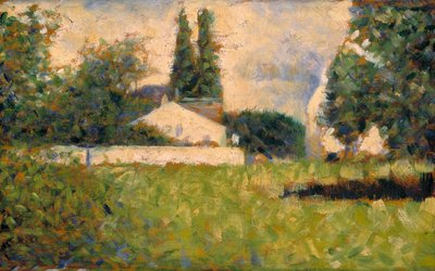 Talo puiden keskellä / Maison dans les Arbres, n. 1883 (öljy paneelille) tekijältä Georges Pierre Seurat