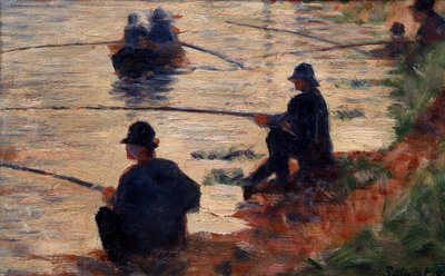 Kalastajat opiskelulinjalla isolle jattelle. Georges Seuratin (1859-1891) maalaus 1883 Su. 0,16x0,25 m Troyes, modernin taiteen museo tekijältä Georges Pierre Seurat