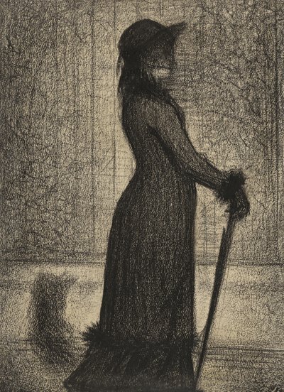 Une Elegante, Nainen kävelyllä, n. 1884 (kynätarina michalett-paperilla) tekijältä Georges Pierre Seurat