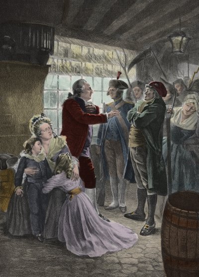 Ranskan vallankumous: 21. kesäkuuta 1791 Kuninkaallinen perhe (Ranskan kuningas Louis XVI, kuningatar Marie Antoinette ja heidän kaksi lastaan Madame Elisabeth, kuninkaan sisar ja lasten kasvattaja) tarttuivat Varennesin (Varennes-en-Argonnen) majataloon t tekijältä Georges Roussin