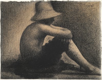 Istuva poika, jolla on olkihattu, opiskelee uimareille Asnieresissa tekijältä Georges Seurat