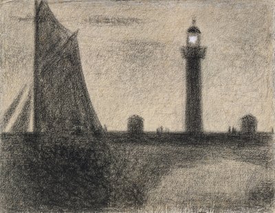 Honfleurin majakka, 1886 (konttikynä ja guassilla korotettu gouassia liimapaperille). tekijältä Georges Seurat
