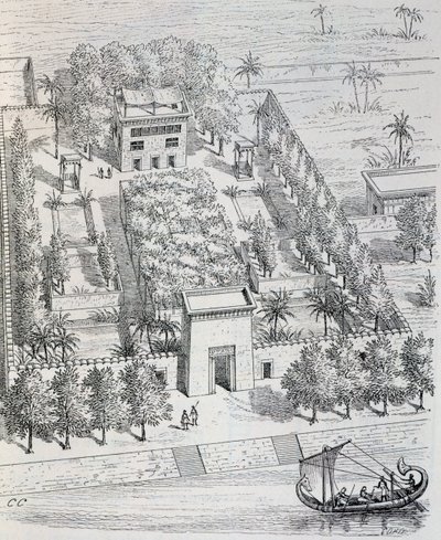 Näkymä egyptiläisestä huvilasta Niilin varrella, Chipiezin rekonstruktio, antiikin taiteen historiasta (Egypti, Assyria, Persia, Vähä-Aasia, Kreikka, Etruria, Rooma) tekijältä Georges and Chipiez Charles Perrot