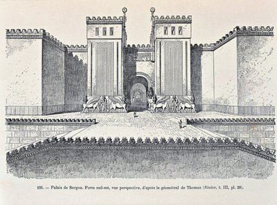 Sargonin palatsin kaakkoisportin jälleenrakennus Dur-Sharrukinissa ("Sargonin linnoitus"), nykyään Khorsabad (etsaus) tekijältä Georges and Chipiez Charles Perrot
