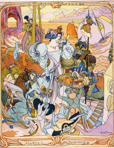 Keskipaneelissa on triptyykkikuvitus Marcel Schwobin kirjasta "La Porte des Reves" tekijältä Georges de Feure