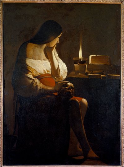 La Madeleinessa on Georges de La Tourin (1593-1652) 1600-luvun Sun yövalomaalaus (vanite). 1,28x0,94 m tekijältä Georges de La Tour