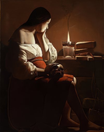 Maria Magdalena kahisevalla liekillä. Noin 1638-40 tekijältä Georges de La Tour