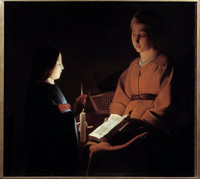 Neitsyen koulutus. Georges De La Tourin maalaus (1593-1652) tekijältä Georges de la (after) Tour