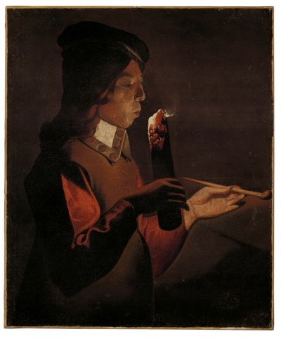 Nuori poika, jolla on piippu, puhaltaa tulipalolla (öljy kankaalle) tekijältä Georges de La Tour