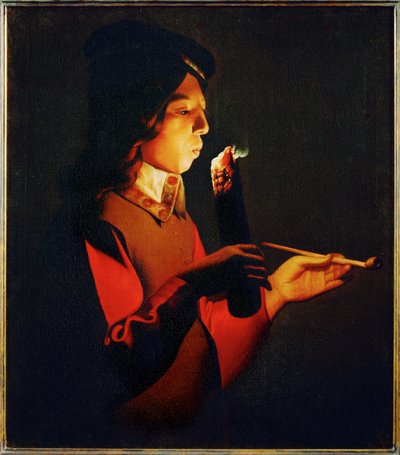 Boy blowingon a Firebrand (maalaus kankaalle) tekijältä Georges de la Tour