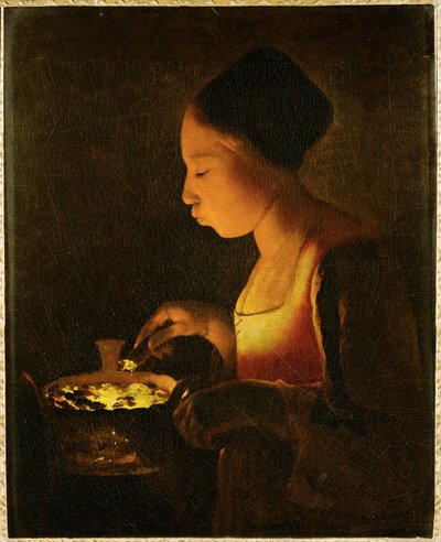 Girl Blowing on a Brazier (maalaus kankaalle) tekijältä Georges de la Tour