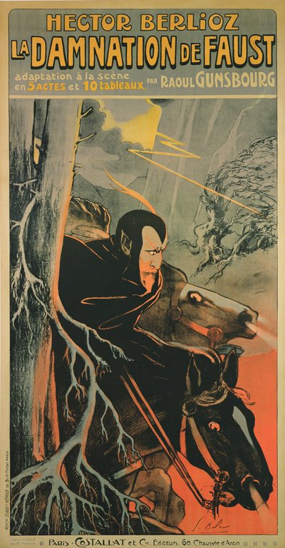 Juliste, joka mainostaa Hector Berliozin, n. 1910, "La Damnation de Faust" -tuotantoa Pariisissa (värilitografia) tekijältä Georges pseudonym of Edmond Vernier Dola