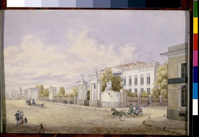 Suuri Lubjanka-katu Moskovassa (Great Lubyanka Street Moskovassa) - Georgi Filippovich Baranovskyn (1823-1852) työ, akvarelli paperille, 1848 - Valtion Tretjakov-galleria, Moskova (Venäjä) tekijältä Georgi Filippovich Baranovsky