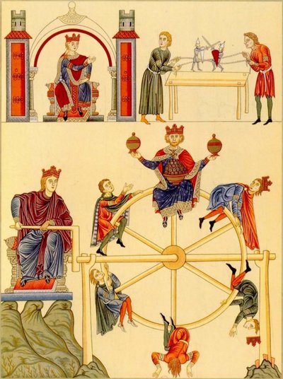 Taistelevat ritari-nuket ja onnenpyörä Herrad of Landsbergin Hortus Deliciarum -teoksesta, 1167-85 (27665671887). tekijältä Georgia Levan Ramishvili from Tbilisi