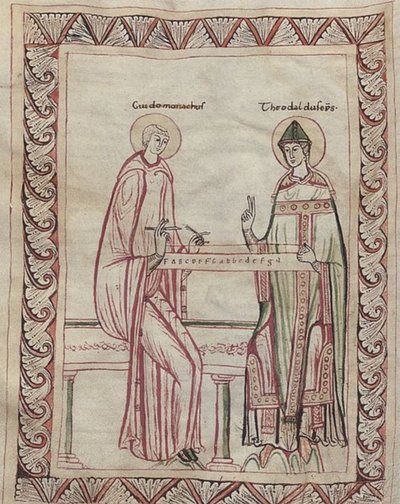 Arezzon Guido ja piispa Tedald työskentelevät monokordin parissa, 1100-luvun miniatyyri (21954743795). tekijältä Georgia Levan Ramishvili from Tbilisi