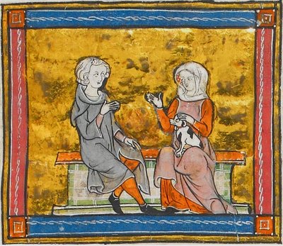 Lancelot keskustelemassa naisen kanssa, jolla on pieni mustavalkoinen koira kädessään, Morte Artusta, n. 1315-1325 (41067329535). tekijältä Georgia Levan Ramishvili from Tbilisi