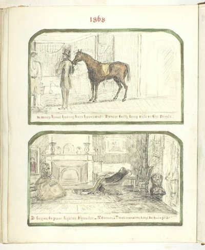 Nimetön [mies hevosen kanssa ja pari rentoutumassa tulen ääressä], 1868. tekijältä Georgina Cowper