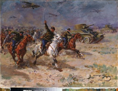 Hyökkäys (Puna-armeijan panssarivaunut ja ratsuväki lokakuun vallankumouksen aikana) - Hyökkäys - George (Georgy, Georgi) Konstantinovich Savitskyn (1887-1949) maalaus, öljy kankaalle tekijältä Georgiy Konstantinovich Savitsky