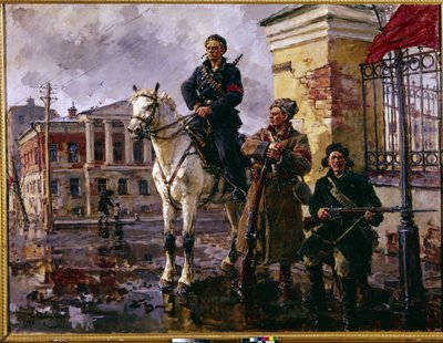 Venäjän lokakuun 1917 vallankumous: ""Lokakuun ensimmäiset päivät"" (Lokakuun ensimmäiset päivät). Talvipalatsin valtaus Pietarissa 25. lokakuuta 1917, punakaartin ja bolshevikien johtama hyökkäys. Georgen maalaus (Georgy, Georgi) tekijältä Georgiy Konstantinovich Savitsky