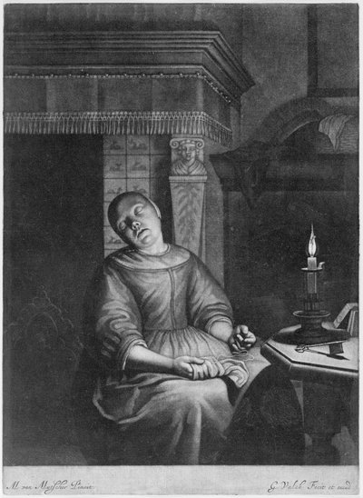 Nukkuva tyttö käsityönä sylissään, 1600-luvun loppu - 1700-luvun alku. tekijältä Gerald Valck