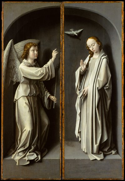 Arkkienkeli Gabriel; The Virgin Annunciate, n. 1510 (öljy tammilevylle) tekijältä Gerard David