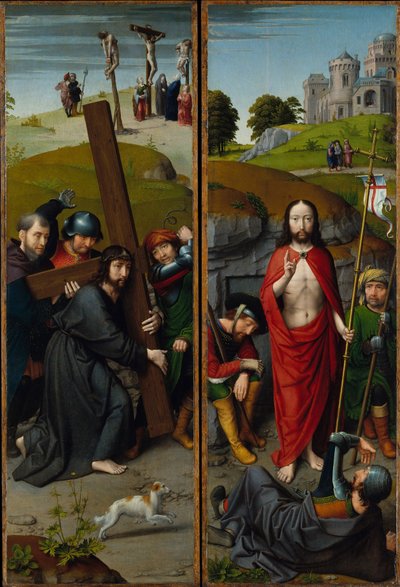 Kristus kantaa ristiä ristiinnaulitsemisen kanssa; Ylösnousemus, Emmauksen pyhiinvaeltajien kanssa, n. 1510 (öljy tammilevylle) tekijältä Gerard David