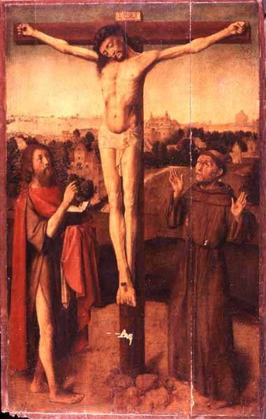 Kristus ristillä Pyhän Johanneksen ja Pyhän Franciscuksen välillä tekijältä Gerard David