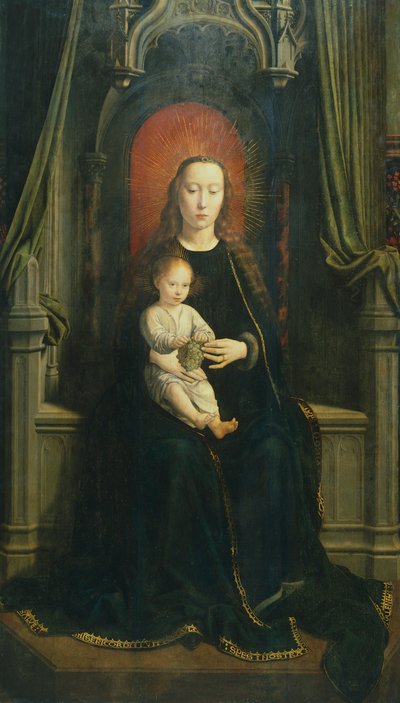 Valtaistuimella Madonna lapsen kanssa tai Viinirypäleiden Madonna, Cervaran alttaritaulun keskipaneeli tekijältä Gerard David