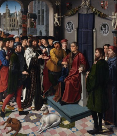 Kambyksen tuomio (Persian kuningas Cambyses II (kuoli 522 eKr.) tuomitsee tuomari Sisamnesin nyljettäväksi elävältä, koska hän antoi tuomion vastineeksi rahasta) - Kambyksen tuomio (vasen paneeli) - Gerard Davidin maalaus (n. 1460- 1523) - 149 tekijältä Gerard David