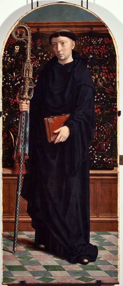 Saint Maur (tai Amaury, Amalric, Maura, Morane, Mauro) (St Maurus) Polyptyykkitaulu San Gerolamo della Cervaran kirkosta - Gerard Davidin maalaus (n. 1460-1523) 1506 Koko 65x150 cm Genes Musei di Strada Nuova ( entinen Palazzo Bianco) Italia tekijältä Gerard David