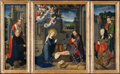 Syntymä lahjoittajien ja pyhien kanssa Jerome ja Leonard, n. 1510-15. tekijältä Gerard David
