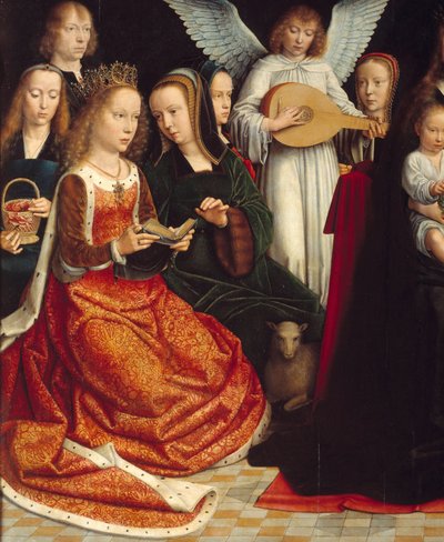 Neitsyt pyhien joukossa. Yksityiskohta Saintesista: Saint Dorothee, Saint Catherine, Saint Agnes, Saint Fausta. Gerard Davidin (1460-1523) maalaus Ec. Liekki. tekijältä Gerard David