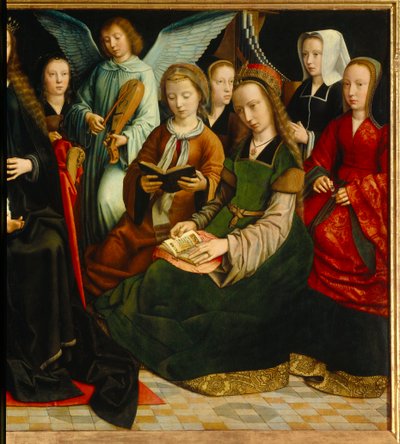 Neitsyt pyhien joukossa. Saintesin yksityiskohta: Saint Apolline (tai Apollonia), Saint Godeline, Saint Cecile, Saint Barbe, Saint Lucia. Gerard Davidin (1460-1523) maalaus tekijältä Gerard David