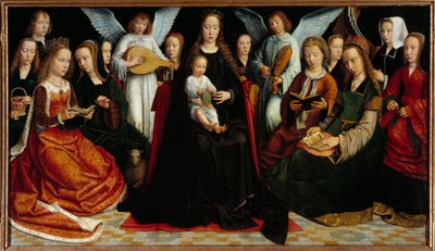 Neitsyt pyhien välillä Ennen: Pyhä Dorothee, Pyhä Katariina, Pyhä Agnes, Pyhä Fausta, Pyhä Apollo (tai Apollonia), Saint Godeline, Saint Cecile, Saint Barbe, Saint Lucia, takana: Gerard David ja hänen vaimonsa Cornelie ja kaksi muusikot enkelit. tekijältä Gerard David