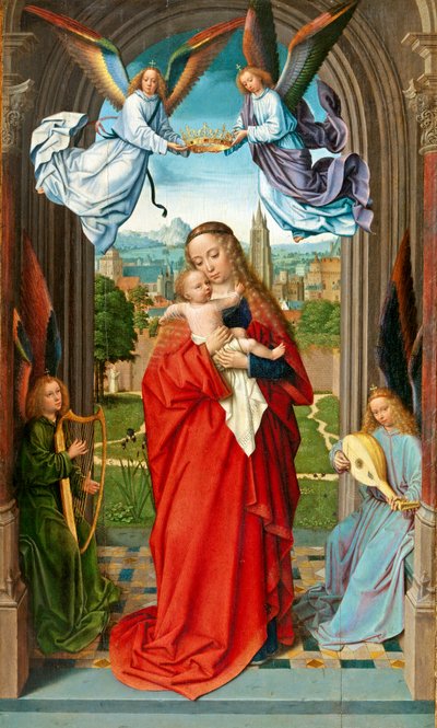 Neitsyt ja lapsi neljän enkelin kanssa, n. 1510-15 (öljy puulle) tekijältä Gerard David